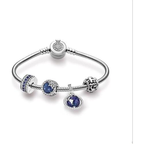 925 Sterling Silver Beaded Pandora Bracelet Blue Enamel Spinning Globe With World Map Bangle For Women Wedding Gift Jewelry