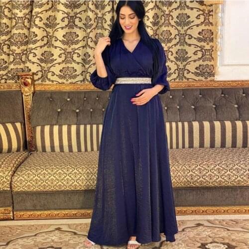 Plus Size Womens Diamond Belt Puff Sleeve Dress Evening Dress Turkish Long Muslim Robe Abaya Kimono Jalabiya Dress Dubai