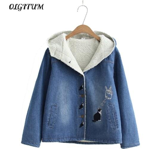Winter new women cowboy jacket Fashion black cat Embroidered lamb plush thick denim jacket lady cute loose cotton outwear