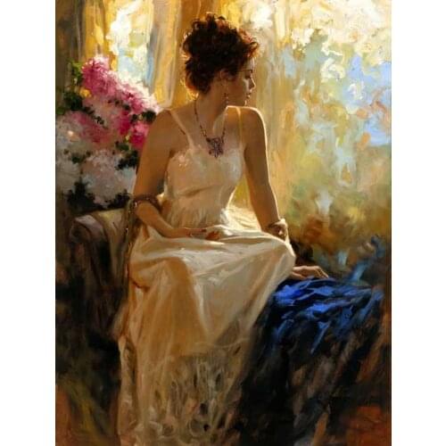 100%Handmade Hand-painted Original Oil painting art Impressionism girl on Canvas 24"X36"
