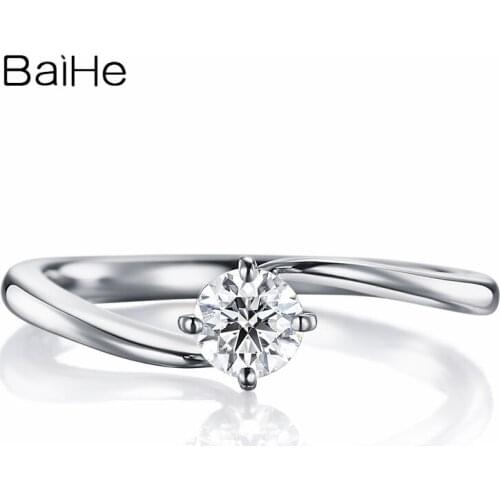 BAIHE Solid 18K White Gold 0.20ct H/SI Round Natural Diamond Engagement Gift Wedding Ring Women Trendy Fine Jewelry Diamond Ring