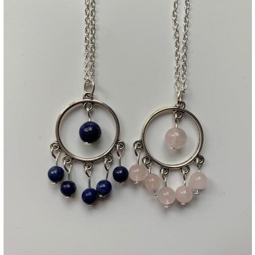 Natural Quartz Stone Lapis Lazuli Beads Pendant Long Necklace Chain Metal Wholesale Lady Women Circle Necklaces Jewelry Handmade