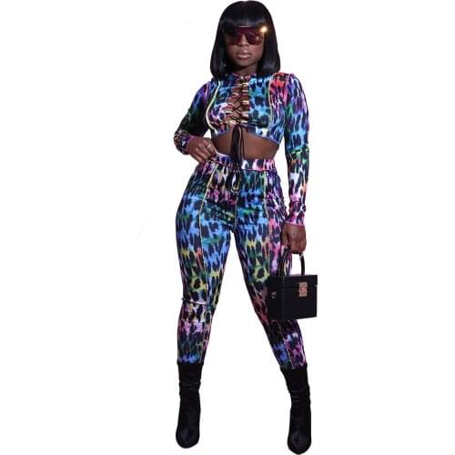 Echoine Sexy Bandage Leopard 2 Piece Set Women Hollow Out Crop Top + Long Skinny Pants Birthday Outfits Clubwear Party Clothing