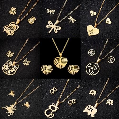 Stainless Steel Heart Earring Necklace Set For Women Cat Horse Frog Butterfly Animal Flower Pendant Party Wedding Jewelry Set