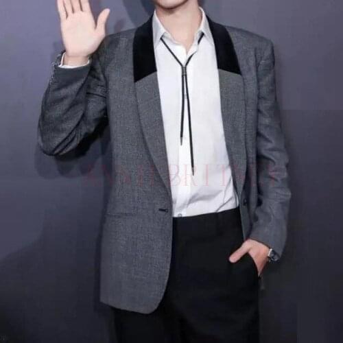 ANNIEBRITNEY Grey Men Suit Custom Black Velvet Applique Slim Fit Tuxedo 2Pcs Groom Wedding Suits Blazer Jacket with Pants Set