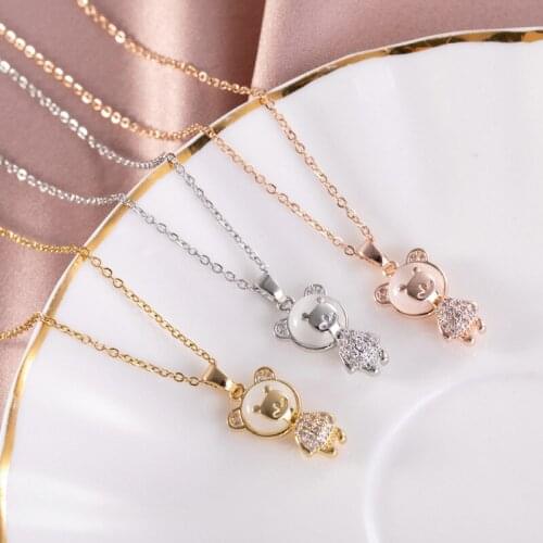 Cute Cartoon Opal Bear Pendant Necklace Stainless Steel Chain For Women Girls Animal Copper Charms Choker Jewelry Gifts