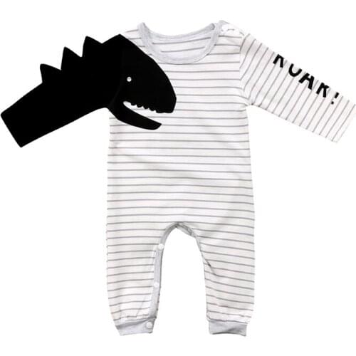 Fashion Newborn Baby Boy Girl Dinosaur Long Sleeve Striped Romper Jumpsuit Outfits Baby Clothing 0-24M