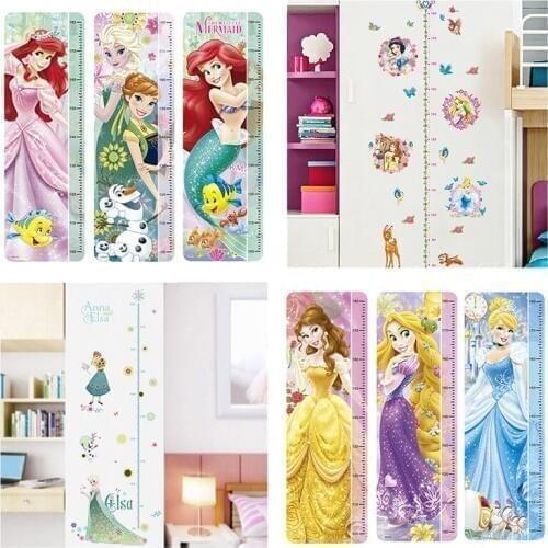Cartoon Anna Elsa Snow White Mermaid Rapunzel Cinderalle Belle Princess Growth Chart Wall Stickers Home Decor Kids Height Decals