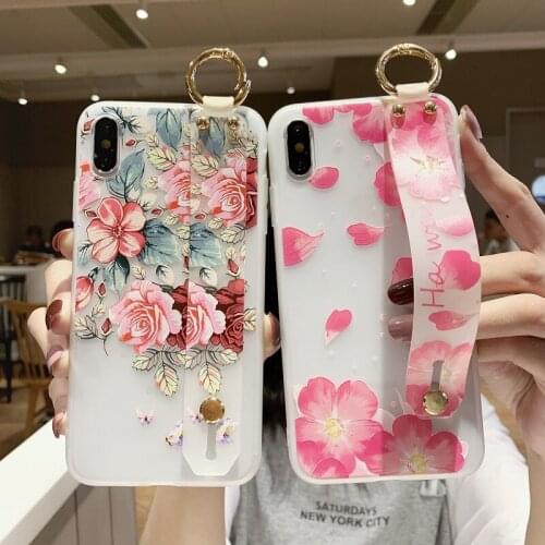 Flower Soft TPU Case For iphone 12 XR 7 8 6 6s plus 11 Pro Max X Xs max se Relief Floral Phone Holder Wristband Case