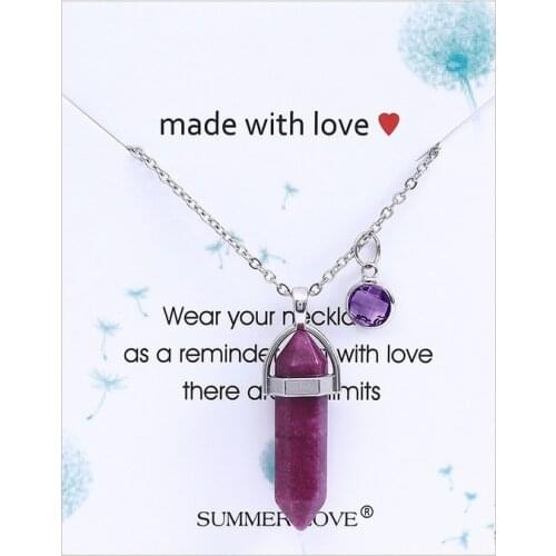 Real Raw Gem Pink Purple Crystal Hexagonal Bullet Reiki Point Chakra Natural Stone Color Crystal Pendant Necklace Women Jewelry