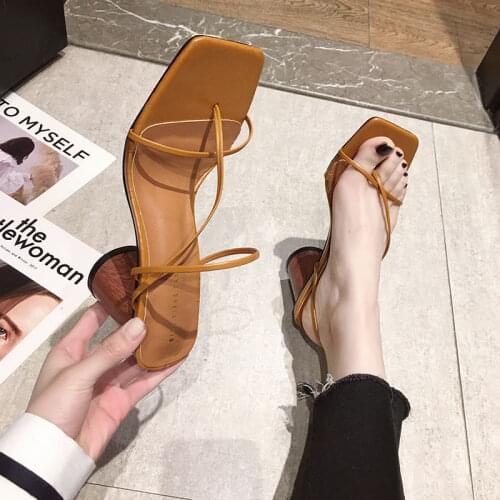 2021 New Brand Design Gladiator Sandals Thin High Heel Dress Pumps Shoes Narrow Band Square Head Clip-On Strappy Sandals