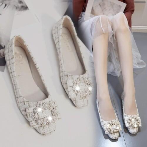 2021 new flat sole shoes fashion cloth face shallow mouth womens shoes 2021 popular womens new Pearl Square heel Doudou shoes