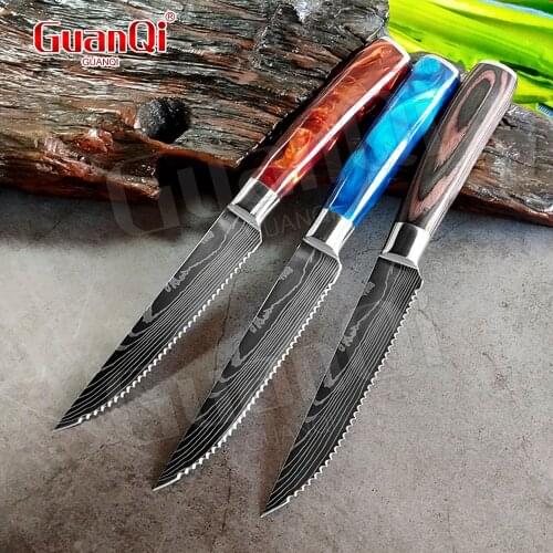 Stainless Steel Chef Knives Damascus steel Pattern kitchen Cleaver Steak Knife Set Serrated Knife Multipurpose Cutlery Knife