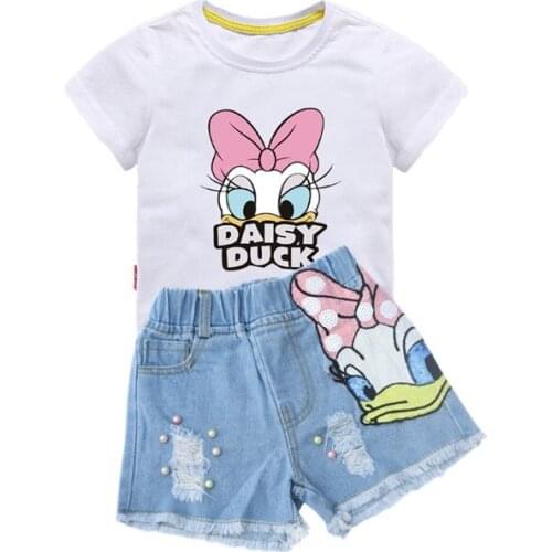 Girls Outfits Cartoon Duck Printed Summer Shirt&Sequins Broken Hole Denim Shorts Toddler Girls Clothing Set Children Clothes