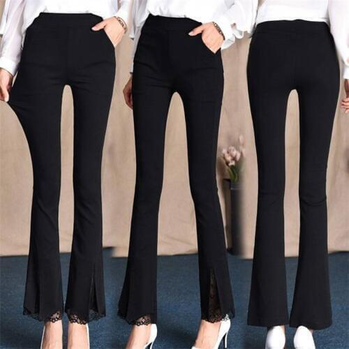 [Plush Without Plush] Office Ladies Casual Women Pants Trumpet With Lace Side Black Pants