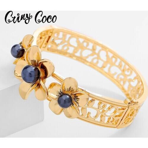 Polynesian Hawaiian Style Bracelets Fashion Black Pearl Jewelry Woman Hibiscus Flowers Bracelet Bangle New Year Gifts for Women