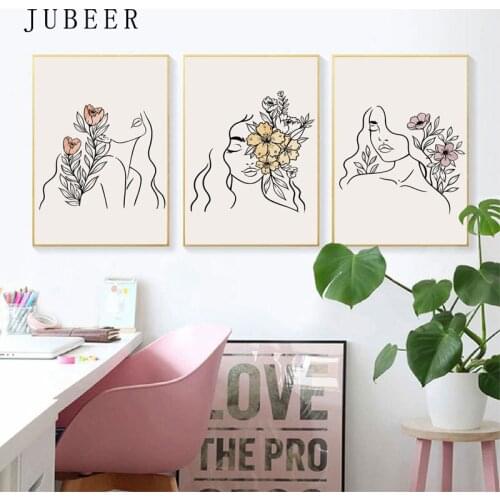 Scandinavian Style Posters and Prints Abstract Line Canvas Painting Girl Flower Poster Modular Pictures for Living Room Wall Art