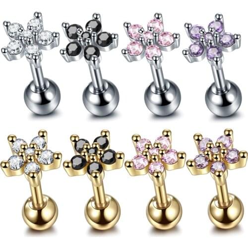 1Pc Fashion Stainless Steel Flowers Cartilage Tragus Piercing Zircon Helix Conch Ear Studs Earring Piercing Body Jewelry 16G
