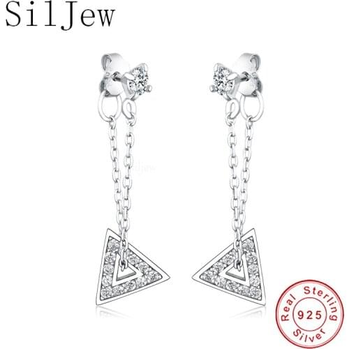 SilJew Hot Sale Authentic 925 Sterling Silver Tassel Triangle Dangle Stud Earrings for Women Girls Fine Jewelry Unusual Earring