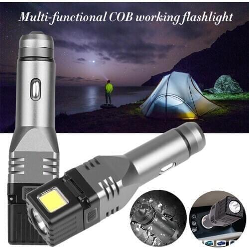 LED Flashlight Car Charger Spot Light with USB Port 4 Lighting Modes Emergency Window Breaker Safety Hammer for Outdoor Camping