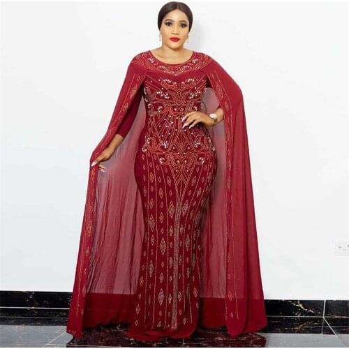 Pearls Long Cloak Mermaid Prom Dress Beads Floor Length Evening Dress Custom Made Long Sleeves African Party Dress