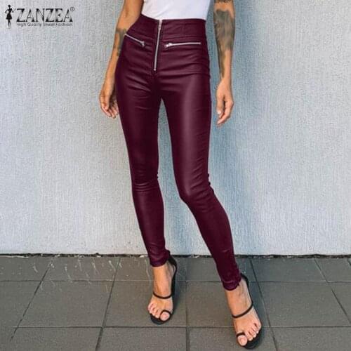 Lady Sexy Street Zipper Pantalons ZANZEA Skinny PU Leather Pants Womens Fashion Solid Long Pant 2021 Autumn High Waist Trousers