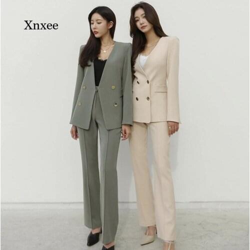 Spring and Autumn Ladies Office Suit V-Neck Solid Color Two-Piece Suit Female Suit Jacket Girl Elegant Trouser Suit Ladies