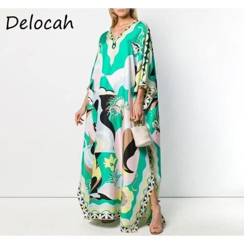 Delocah Women Summer Fashion Runway Designer Beach Holiday Long Dress Batwing Sleeve Geometric Printed Loose Ladies Maxi Dresses