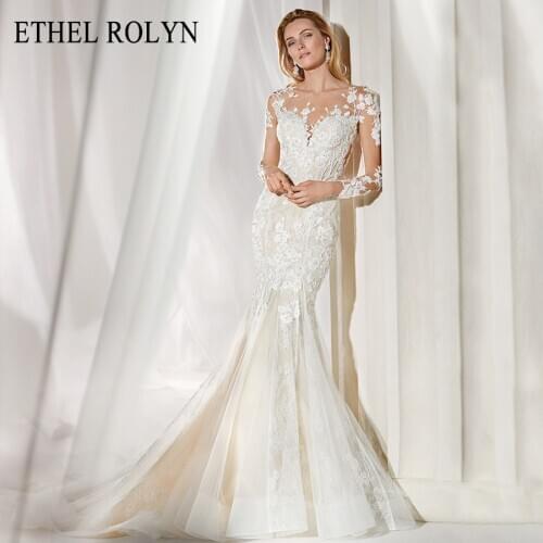 ETHEL ROLYN Mermaid Wedding Dresses 2021 Illusion Long Sleeve Beaded Lace Appliques African Bride Wedding Gowns Vestido De Novia