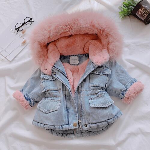 ULKNN 2020 Winter Baby Girl Denim Jacket Plus Velvet Real Fur Warm Toddler Girl Outerwear Coat 1-4 Years Kids Infant Girl Parka