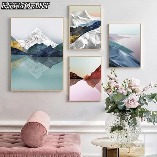 Golden and Blue Snowy Mountains Wall Art Canvas Posters Pink Lake Abstract Art Print Nordic Modern Home Decor Painting