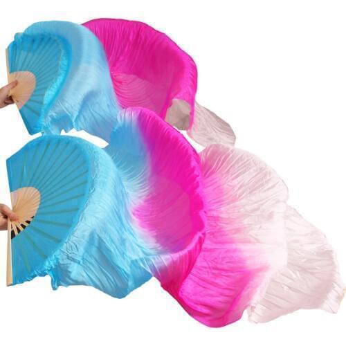 New Arrivals 100% Silk Fans 1 Pair High Quality Handmade Dyed Belly Dance Fans Turquoise+Rose+White Gradient Colors 180/230*90cm