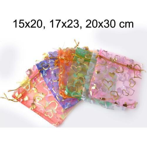 100pcs/lot 15x20, 17x23, 20x30cm Multicolours Golden Love Heart Drawstring Organza Bag Christmas Packaging Pouch Nice Gift Bags
