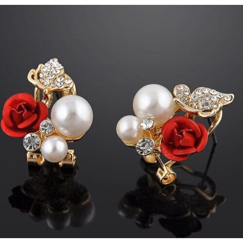 2pcs Vintage Red Rose Butterfly Earring Shellahrd Rhinestone Crystal Bead Brincos Stud Earrings Fashion Wedding Jewelry Gift
