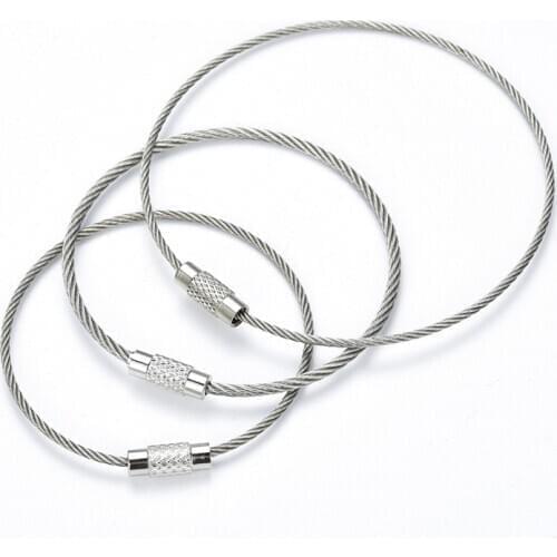 30cm EDC Keychain Tag Rope Stainless Steel color Wire Cable Loop Screw Lock Gadget Ring Key Keyring Circle Camp Hanging Tool