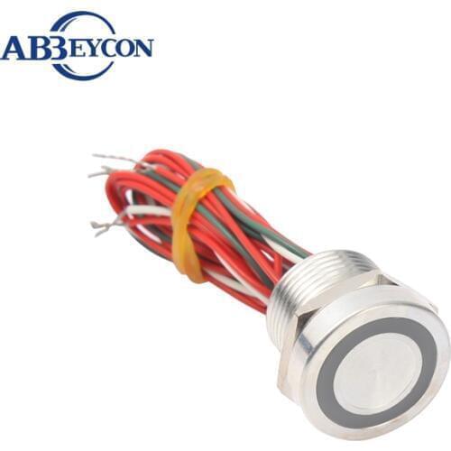 Abbeycon 12V 24V LED Illuminated Ring Yellow Red Green Blue Orange 16mm IP68 NO Waterproof Flat Head Wired Silver Piezo Switch