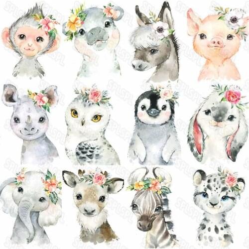Diy Diamond Painting Cartoon Animals Pig Monkeys Penguin Rabbit Baby Elephant Rhino Wearing Flowers Beautiful Small Fresh Poster