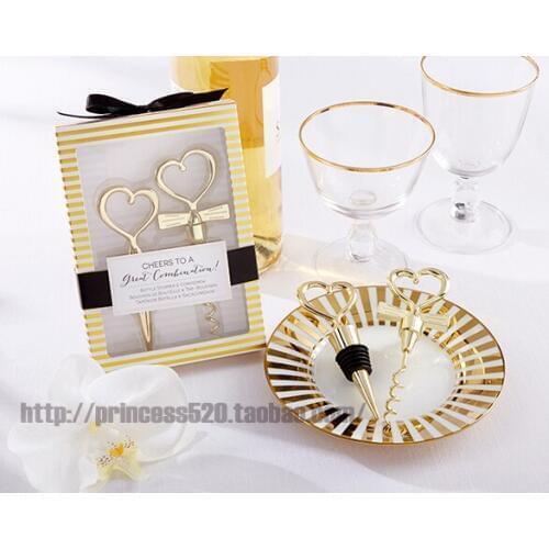 Free shipping Gold 1 set red wine heart-shaped wine stopper bottle opener wine set wedding gifts