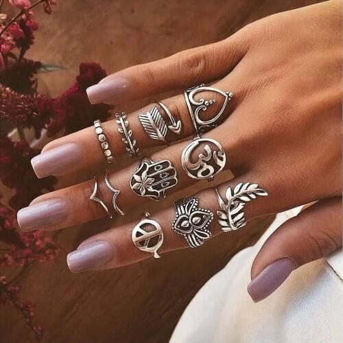 Bohemian Vintage Women Finger Rings Starfish Leaf Heart Crystal Joint Ring Sets Lady Wedding Summer Beach Party Jewelry