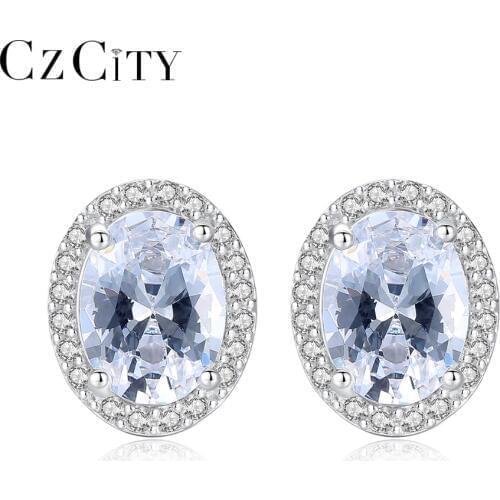 CZCITY Women Genuine 925 Sterling Silver Earrings for Women Big Oval Zircon Stone Luxury Wedding Earring Brand Gift Fine Jewelry