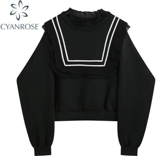 Elegant Sweatshirts Women Korean Sweet Black Spliced Square Lace Ruffle Pullover Sweatwear Tops 2021 Female Vintage Hoodie Girl