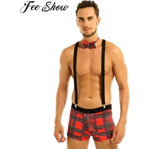 Gay Mens Adult Sexy Lingerie Briefs Sissy Panties Plaid Bulge Pouch Boxer Underwear Elastic Strong Clip Suspenders Underpants
