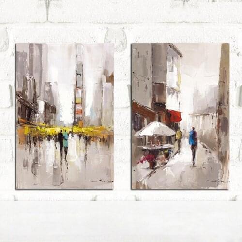 2 Piece Abstract City Street Landscape Oil Painting on Canvas Poster and Print Nordic Art Wall Picture For Living Room No Frame