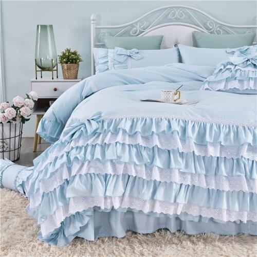 Korean pastoral princess lace ruffles embroidery skirt-style cake layers pure cotton bedding set pillow sham duvet cover set