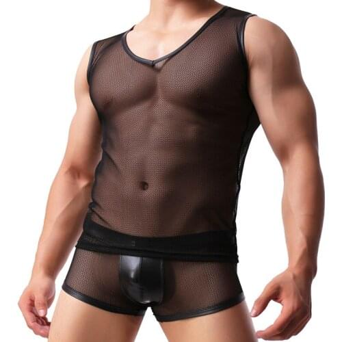 Sexy Fashion Brand Black Mesh Man Sexy Fitness Funny Tank Tops Gay Male Bodybuilding Vest Male Gay Sleeveless Net Top Clothing