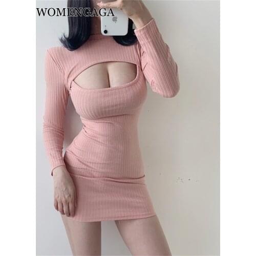 WOMENGAGA New Sexy Fashion Hollow Chest Show Thin Temperament Slim Hip Elastic Full Sleeve Sexy Mini Dress Women 36AK