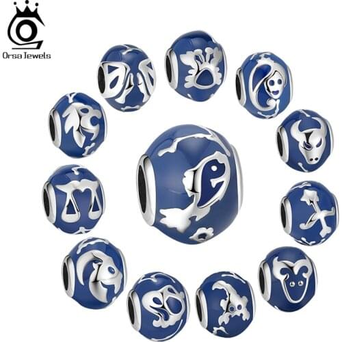 ORSA JEWELS 12 Constellation Series Beads 925 Sterling Silver Enamel Charm Fit Original DIY Bracelet Beads For Jewelry CB32