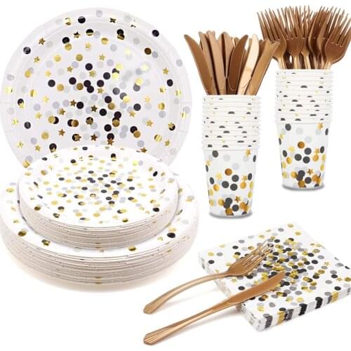 Star White Gold Party Supplies Disposable Tableware Plates Napkins Cups Forks Knives Birthday Dinnerware Bridal Shower Christmas