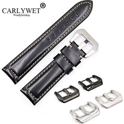 CARLYWET 22 24 26mm Black Smooth Real Leather Handmade Thick Replacement Wrist Watch Band Strap Belt With Pre-V Screw Buckle