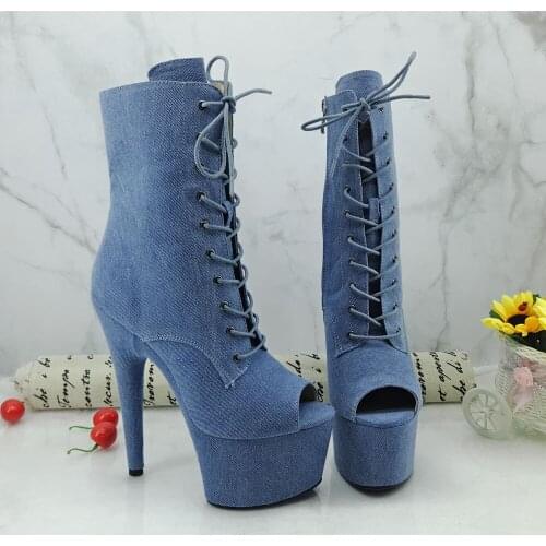 Leecabe Newest 17CM/7inches Pole dance boot with denim High Heel platform Boots open toe Pole Dancing boot